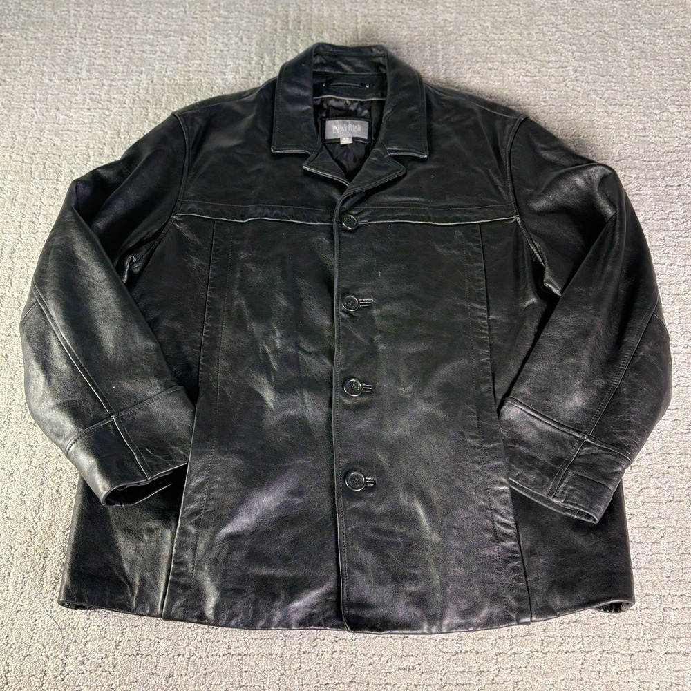 Wilsons Leather Mens XL Car Coat Black Button Front Quilted Lined Jacket EUC